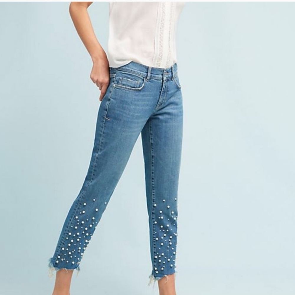 Anthropologie Light Blue Pearl-Embellished Cropped Jeans